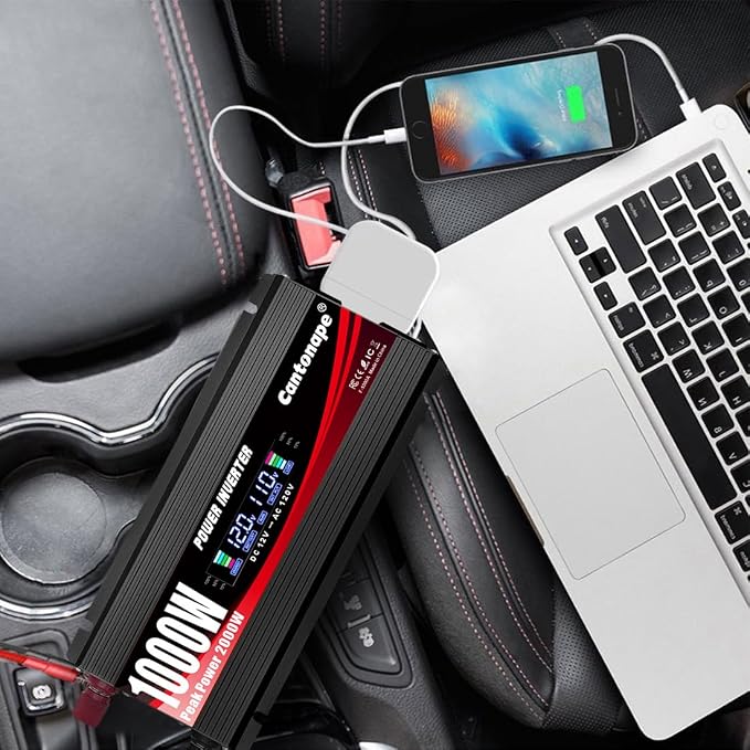 Cantonape 1000 Watt Power Inverter DC 12V to 110V/120V AC Car Inverter with LCD Display, 2 AC Outlets, 3.0A USB and 20W Type-C Car Charger for Vehicles Home Laptop Truck Black