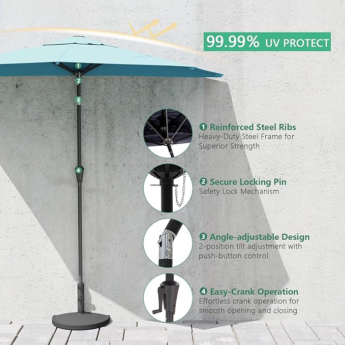 Helios&Hestia 9 ft Small Half Round Wall Outdoor Market Patio Umbrella with Tilt and Crank for Garden, Deck, Balcony