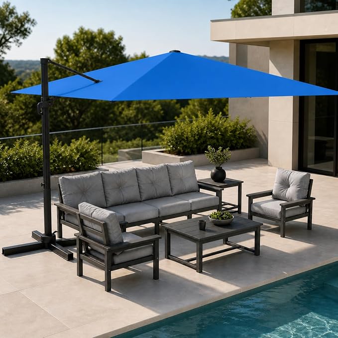 Kingdura 9' X 9' Cantilever Patio Umbrella with Base Included, Large Square Outdoor Offset Umbrella with 360-degree Rotation, 4 Position Tilt, UV Protection for Pool Deck Garden Patio (Royal blue)