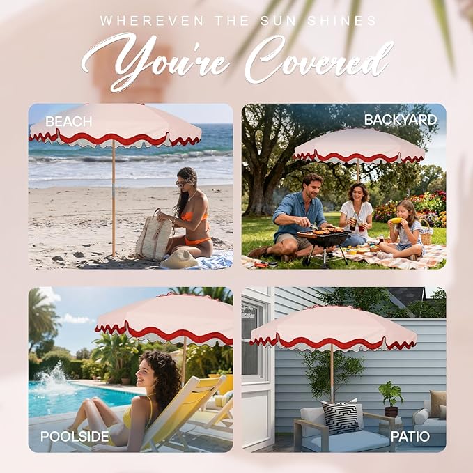 AMMSUN 7.8ft Seashore Umbrella, Outdoor Umbrella, Boho Beach & Patio Umbrella with UV 50+ Air Vent Ash Wood Pole Carry Bag & Water-Resistant Canvas (Rivulet Red)