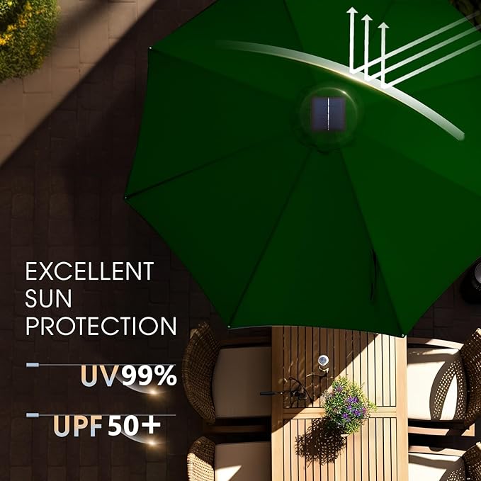 wikiwiki 9FT Solar Led Patio Umbrella with Base Included, 32 LED Lights, 8 Sturdy Ribs, Fade Resistant Waterproof POLYESTER DTY Canopy for Garden, Lawn, Deck, Backyard & Pool, Dark Green