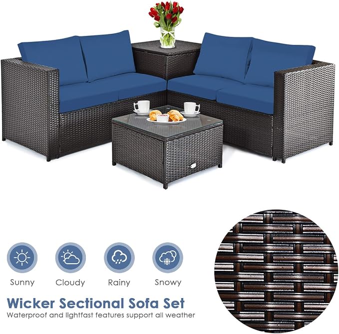 DORTALA 8 Pieces Outdoor Patio Furniture Set, Weather Resistant PE Rattan Conversation Set with 2 Loveseats, Outdoor Sectional Sofa Set with Comfy Cushions for Garden and Poolside, Navy