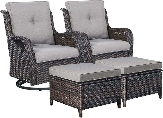 Rilyson Wicker Patio Furniture Set - 4 Piece Rattan Outdoor Patio Conversation Sets with 2 Swivel Rocking Chairs,2 Ottomans for Porch Deck Garden(Brown/Grey)