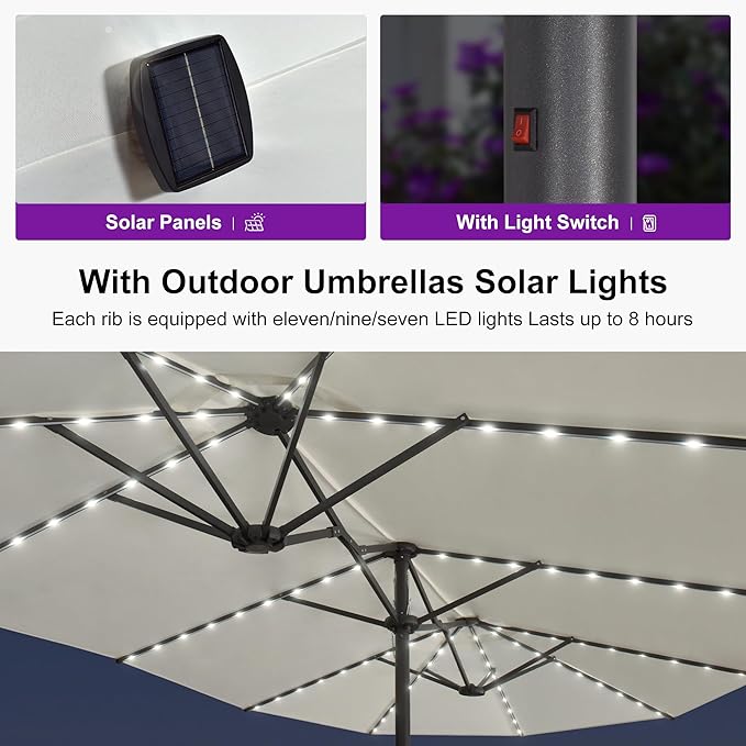 PURPLE LEAF 15ft Double-Sided Patio Umbrella with Base and Solar Lights Outdoor Market Umbrella with Crank Handle Rectangle Umbrella for Backyard Pool Garden Deck, Cream