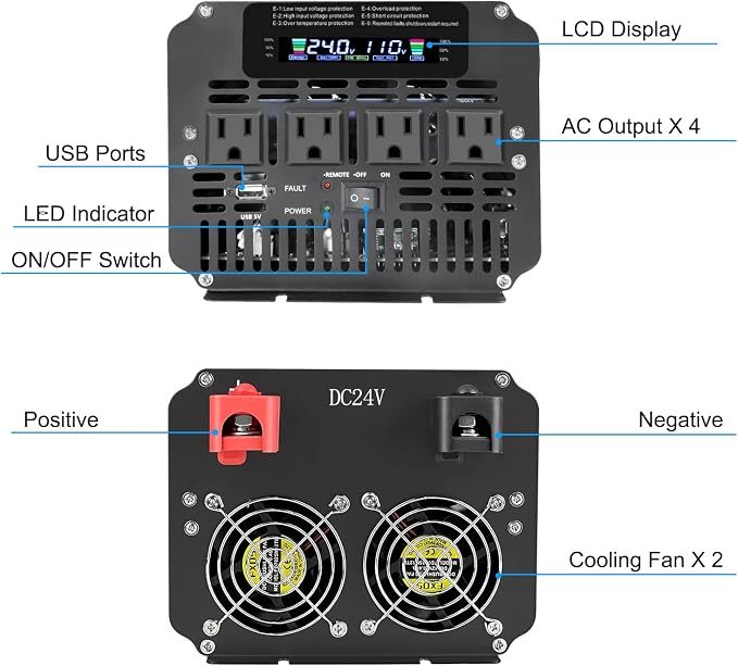 LVYUAN 3000 Watt Power Inverter 24V to 110V 120V DC to AC with 4 AC Outlets, LCD Display, USB Port & Remote Control for Home, RV, Vehicle, Truck, Off-Grid Solar System, Heavy Duty Outdoor Camping