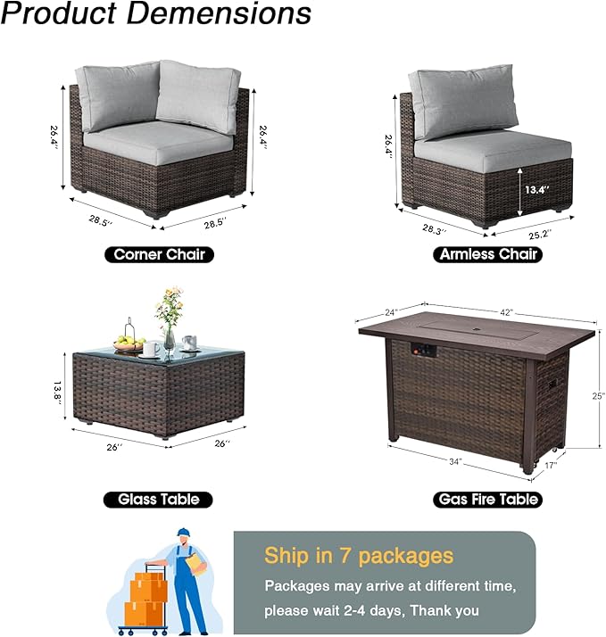 Patio Furniture Set 15 Pieces with 44" Fire Pit Table, Rattan Outdoor Sectional Conversation Sets, All Weather Outdoor Furniture Set with Cushions for Garden Lawn Balcony Porch Deck Grey
