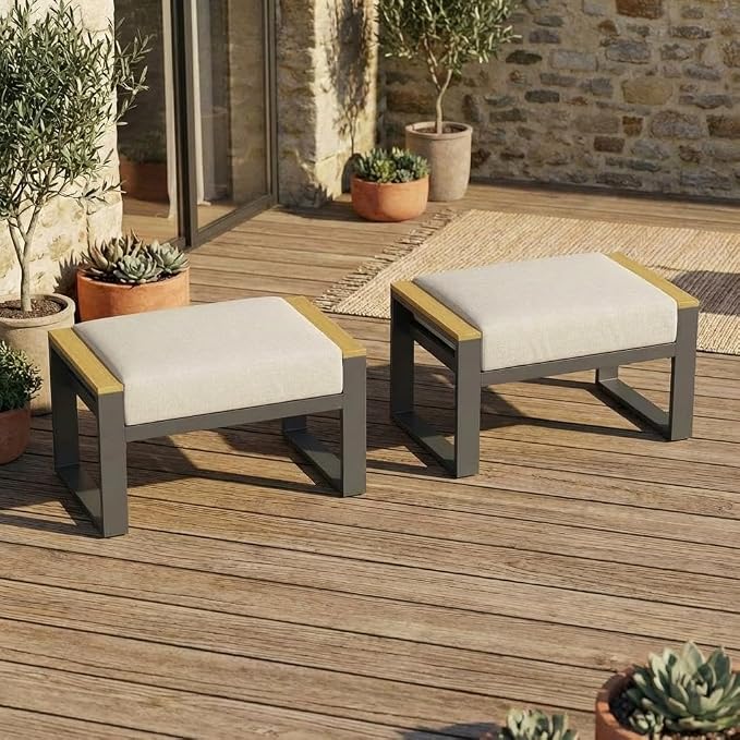 Patio Outdoor Ottoman Assembled Aluminum Footstools Small Seat Side Table Footrest for Balcony, Garden, Deck, Backyard,Beige