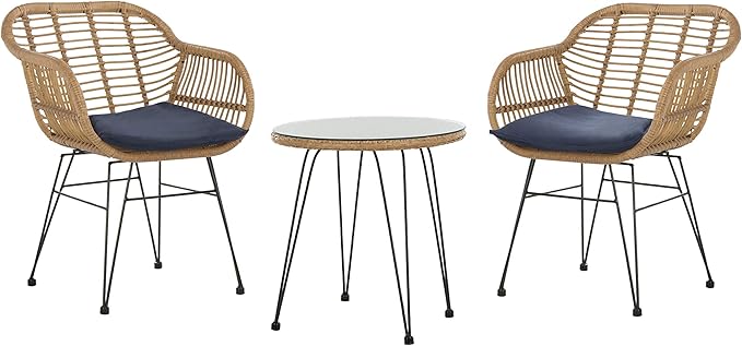 SAFAVIEH Outdoor Collection Alton Light Brown Rattan/Navy Seat Cushion 3-Piece Patio Lounge Bistro Set with Table (PAT9004B)