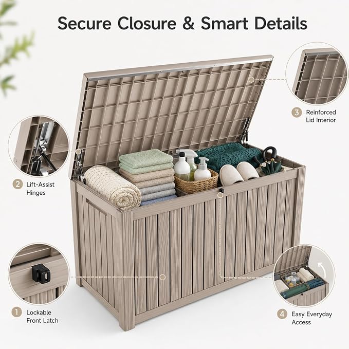 Outdoor Deck Patio Storage Box - 200 Gallon Large Outdoor Deck Box, Plastic Storage Bin with Lid, Outside Toy Box & Pool Storage Container for Cushions, Garden Tools, Towel, Brown