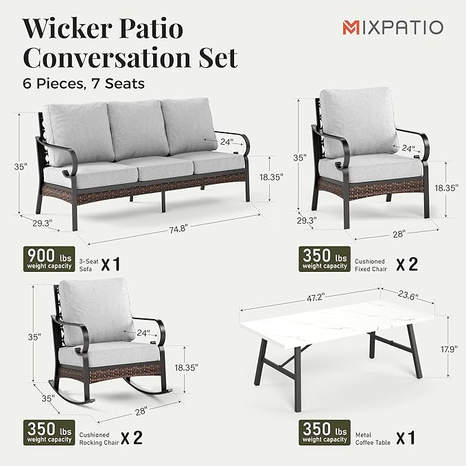 Patio Furniture Set with Fire Pit Table, Metal Outdoor Conversation Set with 5.75'' Extra Thick Cushion, 2 Swivel Chairs, 2 Leg Chairs, 3-Seat Sofa and Gas Fire Pit Table, Light Grey