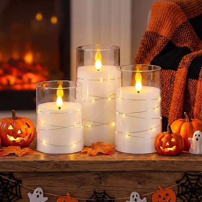 Homemory Flameless Candles with Embedded Star String Fairy Lights, Battery Operated Candles, LED Candle, Fake Candles with Remote Control and Timer, White, Set of 3(H 4" 5" 6”)