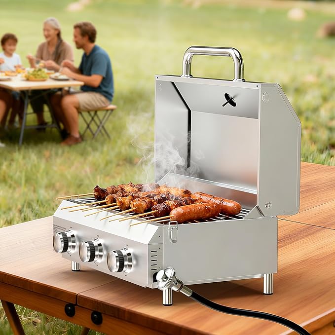 Bestfire 3-Burner Tabletop Propane Gas Grill with Dual Connections, 30,000 BTU Portable Propane Grill Fits Large Cylinders & Small Canisters, Stainless Steel Knobs, Compact Design for Camping, RV, BBQ