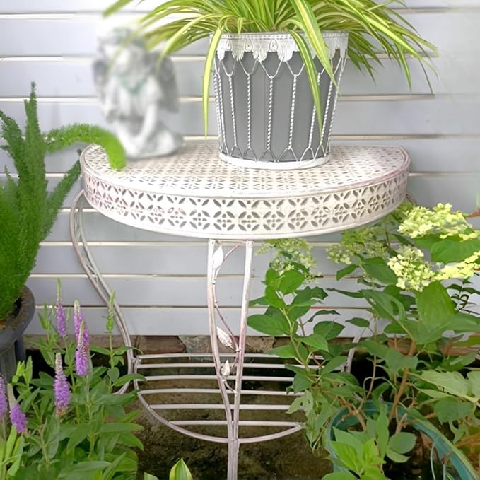 Outdoor Half-Moon Patio Console Table, 2 Tier Iron Half Round Garden Porch Table, Antique All-Weather Mid Century Tables(White)