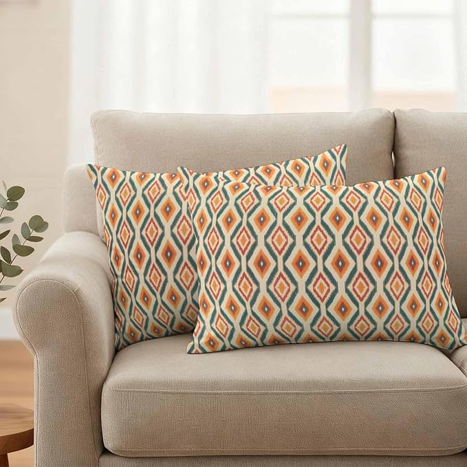 Lumbar Pillow Covers 20x12 Inch Set of 2, Orange Teal Geometric Waterproof Outdoor Pillow Covers, Southwest Ethnic Country Decorative Cushion Pillowcases for Couch, Sofa, Bed, Garden, Patio