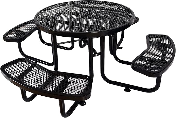 Heavy Duty Picnic Table for Outdoors 3200 lbs Load All Metal Dining Table with Umbrella Hole up to 1.5", Round Camping Table for Commercial Picnic Table with Benches, Black