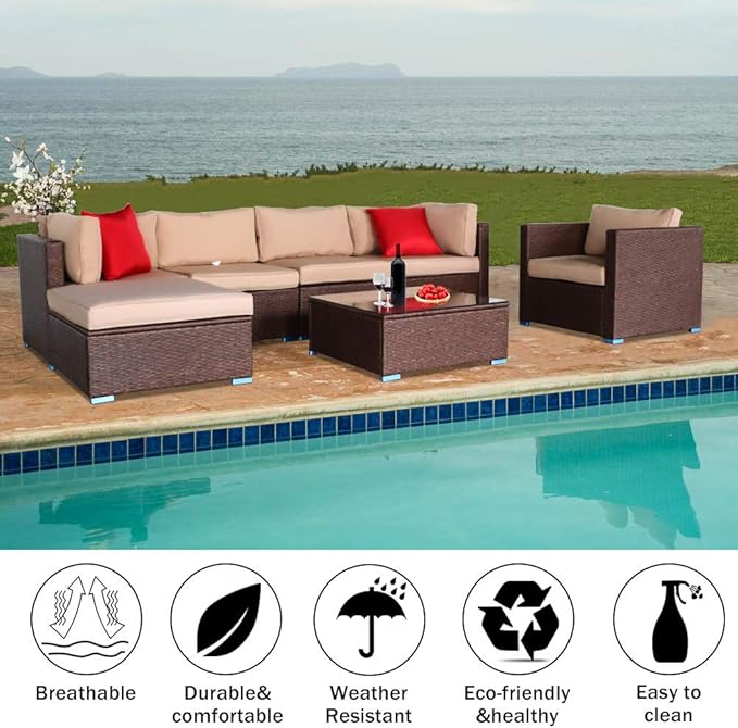 7 Pieces Outdoor Patio Furniture Sets, Outdoor Sectional Rattan Sofa, Wicker Patio Conversation Set, Patio Couch with Coffee Table for Backyard Garden,Patio Couch Outdoor Chairs Coffee Table