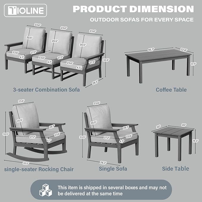 HDPE Patio Conversation Set, 7-Piece All Weather Outdoor Furniture Set with 1 Single Rocking Armchairs for Deck, Lawn, with Cushion, Gray