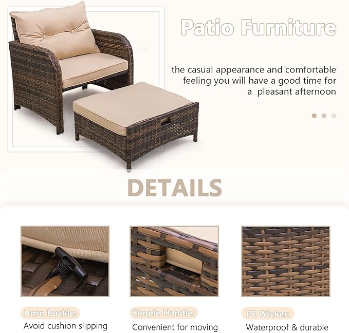 5 Pieces Outdoor Patio Chairs with Ottomans, PE Wicker Rattan Outdoor Furniture w/Footstool Sets, Front Porch Furniture Set, Wicker Patio Conversation Sets for Garden Lawn Balcony(Beige)