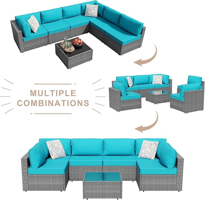 JAMFLY 7-Piece Outdoor Patio Furniture Set, Modular PE Rattan Sectional Sofa with Thick Cushions & Glass Coffee Table, Weather-Resistant Wicker Conversation Set for Poolside, Balcony, Garden, Blue