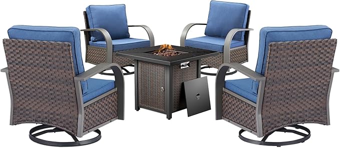 HUMMUH Outdoor Furniture with Fire Pit -Patio Table and Chairs Set of 4 Swivel Patio Chairs for Deck Porch Garden Poolside Backyard-Brown/Blue