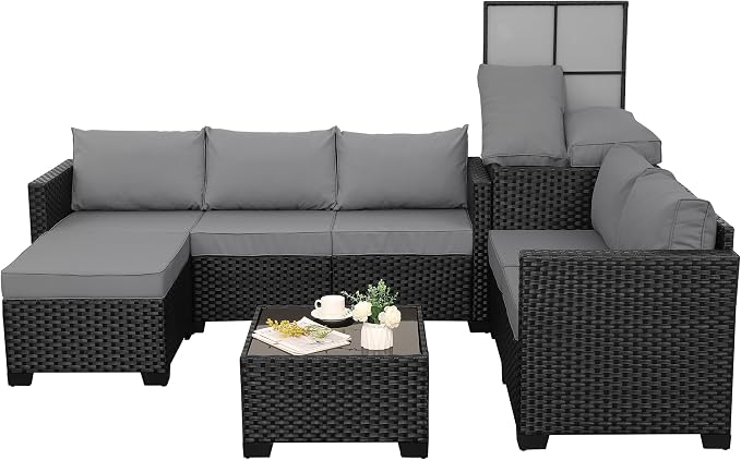 Valita Patio Furniture Set with Storage Box 5 Pieces Black Wicker Outdoor Couch Sectional with Glass Table and Non-Slip Cushions and Furniture Covers, Light Grey