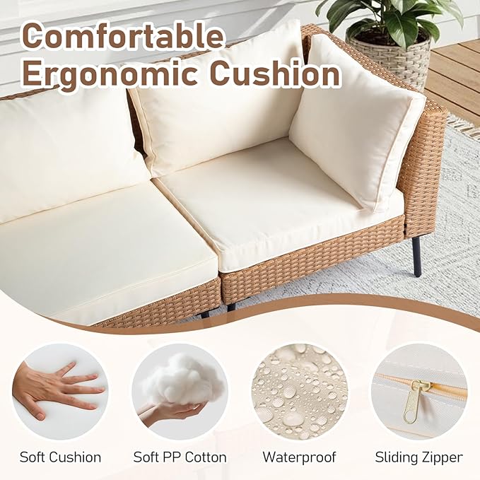 Outvita 6 Pieces Patio Furniture Set, All-Weather Outdoor Sectional Patio Sofa PE Rattan Manual Weaving Wicker Conversation Set with Ottoman & Adjustable Feet & Pillow & Seat Cushion, White & Yellow