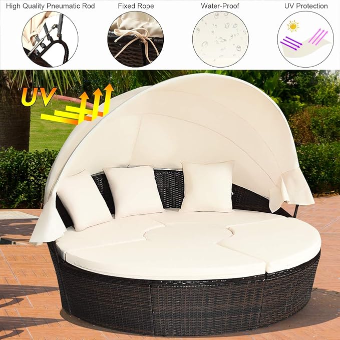 Tangkula Patio Round Daybed with Retractable Canopy, Outdoor Wicker Rattan Furniture Sets, Sectional Sofa Set w/Height Adjustable Coffee Table, Rattan Conversation Sets
