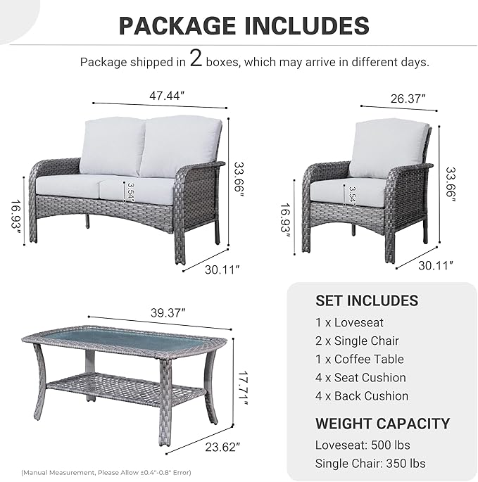 ovios 4-Piece Patio Furniture Set, Outdoor Wicker Sofa with Chairs Coffee Table, High Back Rattan Couch Loveseat with Comfy Cushions for Porch Yard Deck, Grey
