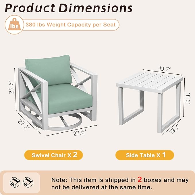 3-Piece Aluminum Outdoor Swivel Rocker Chair Set, 360° Swivel and Rocking Patio Chairs with 5.2-Inch Thick Cushions and Side Table, All-Weather Conversation Sofa for Backyard, Deck, Porch, Balcony