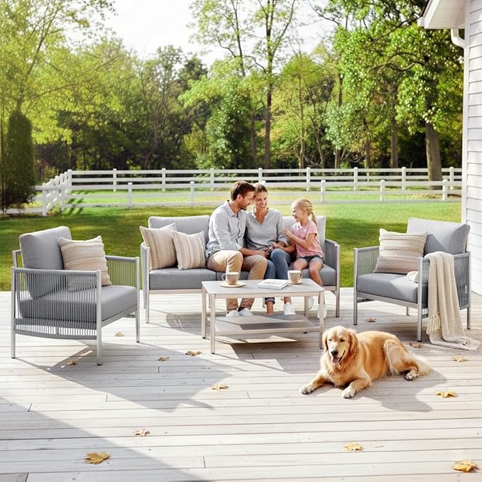 Aluminum Patio Furniture Set, 5 Seats Modern Outdoor Sectional Furniture with PE Rope & Dual-Layer Coffee Table, Luxury Patio Conversation Sets with 6" Cushions for Backyard/Garden, Silver