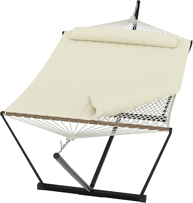 Heavy Duty 2 Person Double Hammock with Portable Adjustable Steel Stand, Outdoor Hammock with Pillow for Patio, Garden, Beach, Backyard Camping