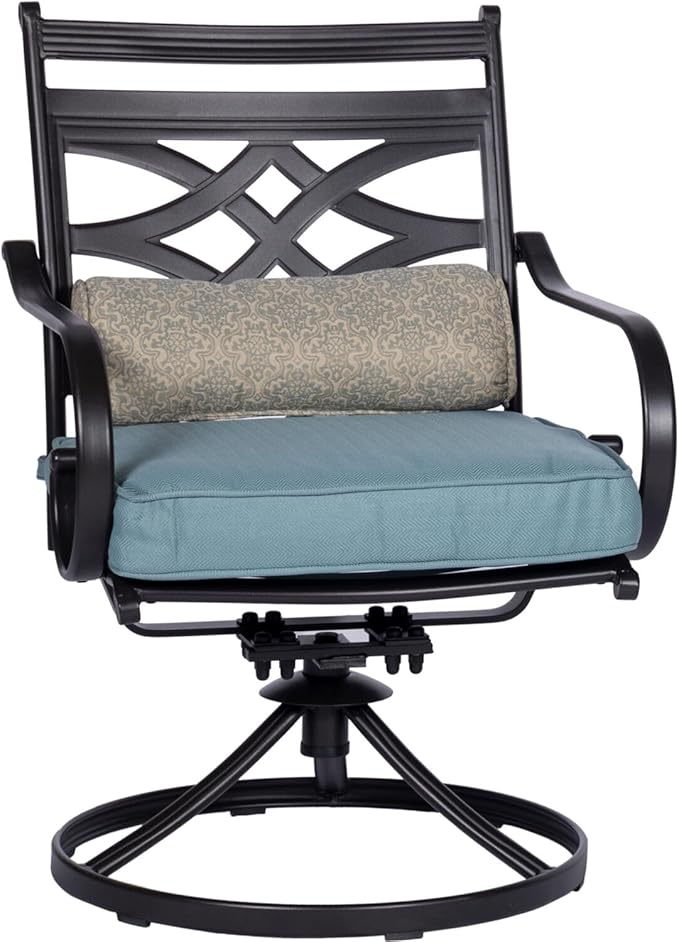 Hanover Montclair 3-Piece Outdoor Bistro Set with 2 Swivel Rocker Chairs with Comfortable Seat and Lumbar Cushions, 27" Square Stamped Rectangle Table, All-Weather Patio Conversation Set