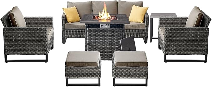 Belord 7 Pieces Patio Furniture Set with 50000BTU Propane Fire Pit Table: Wicker Patio Conversation Set with Outdoor Club Chairs Patio Couch Metal Side Table, All Weather Brown Rattan