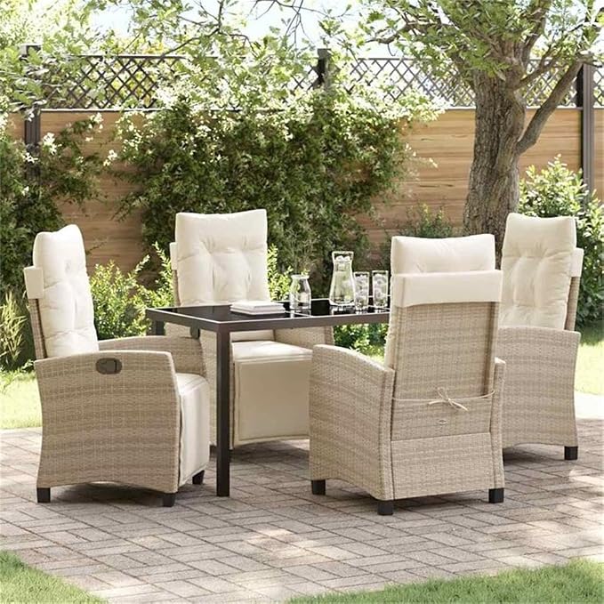 Afuera Living 5 Piece Poly Rattan Garden Dining Set, Beige Cushions, Glass-Topped Table with Steel Legs, Adjustable Backrest Chairs, Comfortable Outdoor Patio Furniture for Garden or Terrace Use