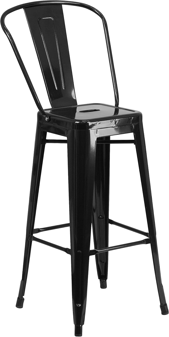 EMMA + OLIVER Commercial Grade 23.75SQ Black Metal Indoor-Outdoor Bar Table Set-2 Stools-Backs