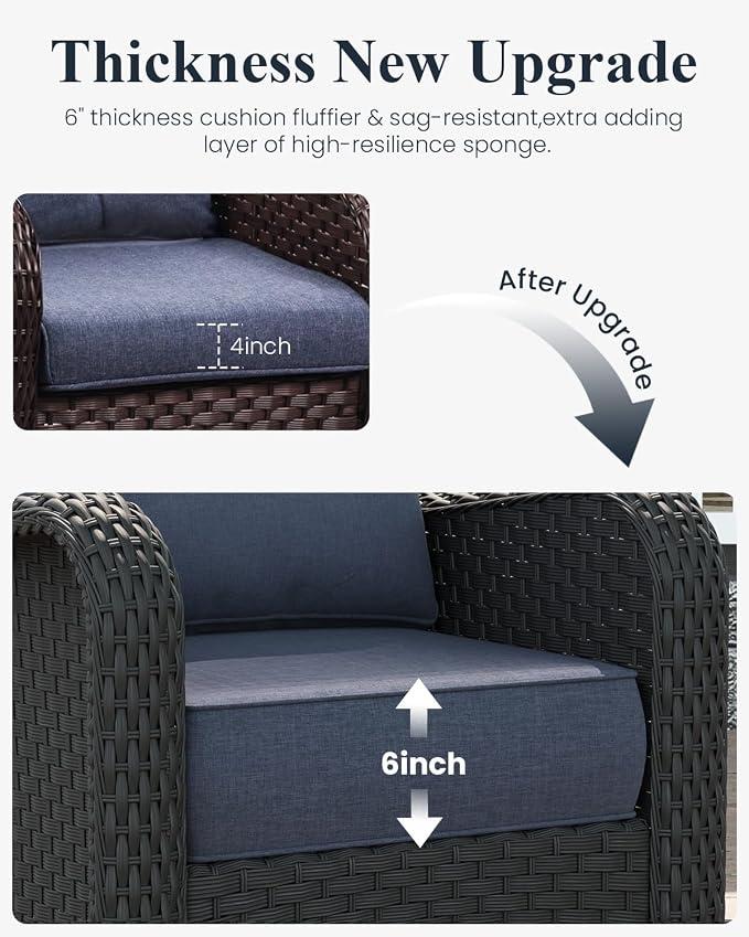 LayinSun 3 Piece Wicker Outdoor Furniture Set with 6-inch Comfy Cushions, High Back Patio Furniture Set with Swivel Rocking Chairs and Side Table