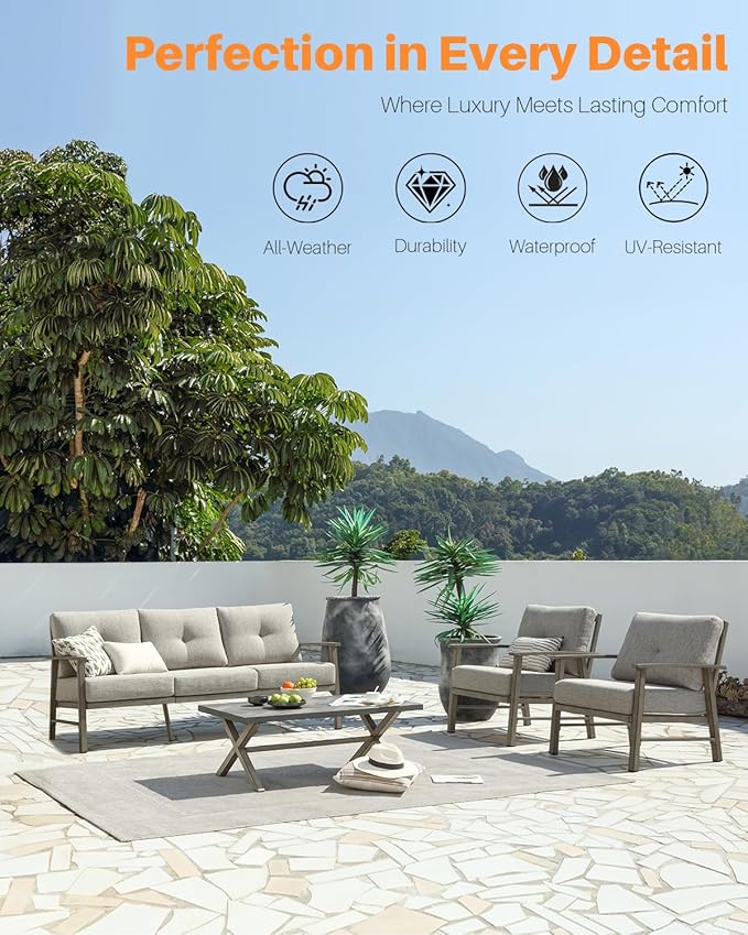 Aluminum Patio Sofa Set, 4 Piece Outdoor Patio Furniture Set with Thick Cushions, All Weather Outdoor Sectional Sofa Couch Sets for Deck, Lawn, Poolside, Backyard, Limed Oak