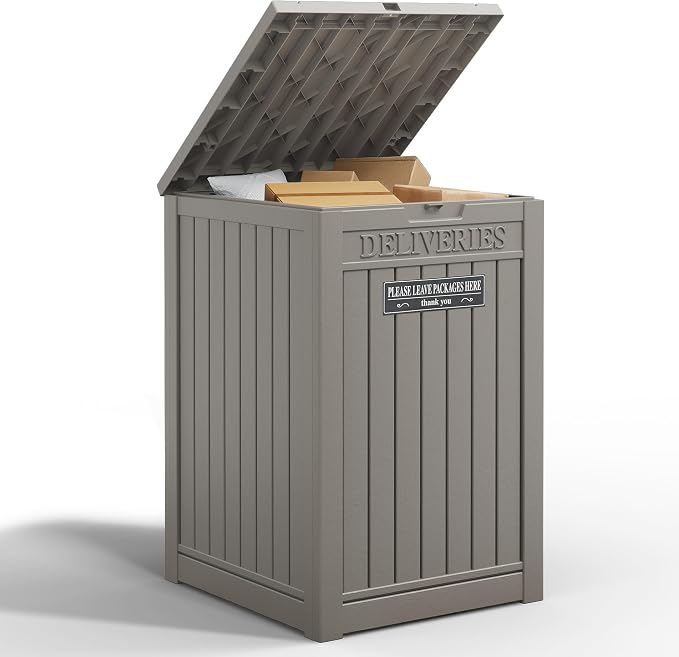 Package Delivery Box for Outside With Sign, Lockable Outdoor Storage Box Waterproof Deck Box, Large Double Wall Resin Parcel Drop Boxes, 48 Gallon, Gray