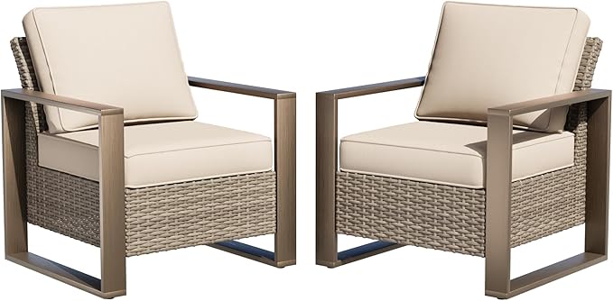 Patio Metal Wicker Chairs Set of 2, All Weather Outdoor Rattan Dining Chairs with Rectangular Framed Wood-Looking Metal Armrest & Fade-Resistant Cushions for Deck Balcony Backyard, Beige