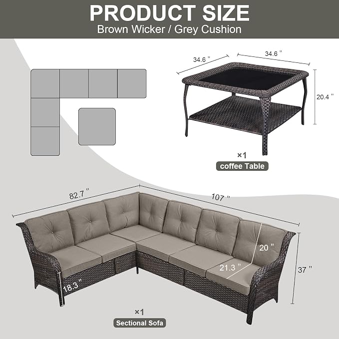 Belord Patio Furniture Set 6 Seats, Oversized Outdoor Sectional Couch, Two 3-Seater Sofas with Coffee Table, Patio Conversation Sets,Ideal for Porch, Deck, Brown Wicker/Gray