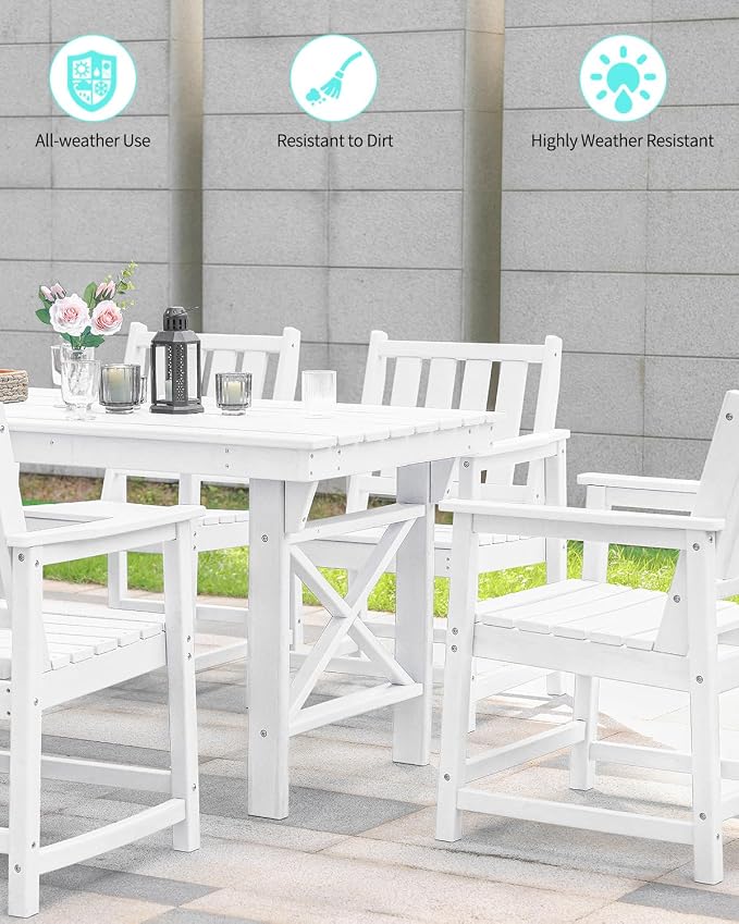 Outdoor HDPE Dining Table Set, 7-Piece Patio Dining Furniture Sets with Umbrella Hole Table and 6 Chairs for Backyard, Poolside, Garden and Lawn, White
