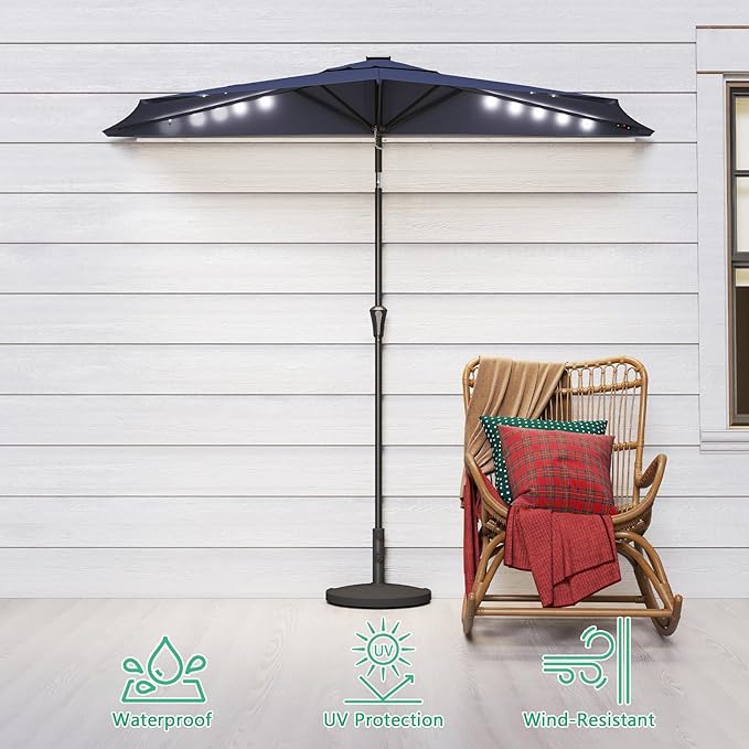 Helios&Hestia 9 ft Small Half Round Solar Powered Wall Outdoor Market Patio Umbrella with LED Lights and Tilt for Garden, Deck, Balcony