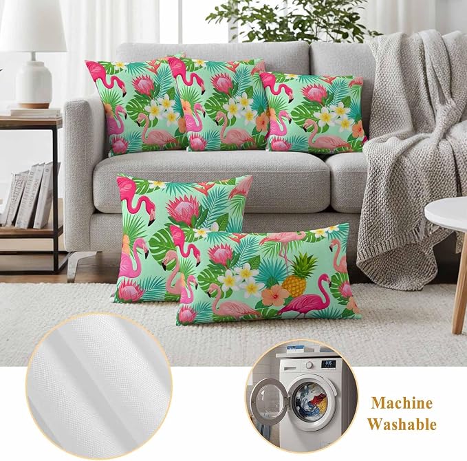 Pink Flamingos Outdoor Pillow Covers 20"x20" Set of 2, Tropical Palm Leaf Hibiscus Flower Green Plant Waterproof Throw Pillow Covers for Patio Furniture, Decorative Cushion Covers for Porch