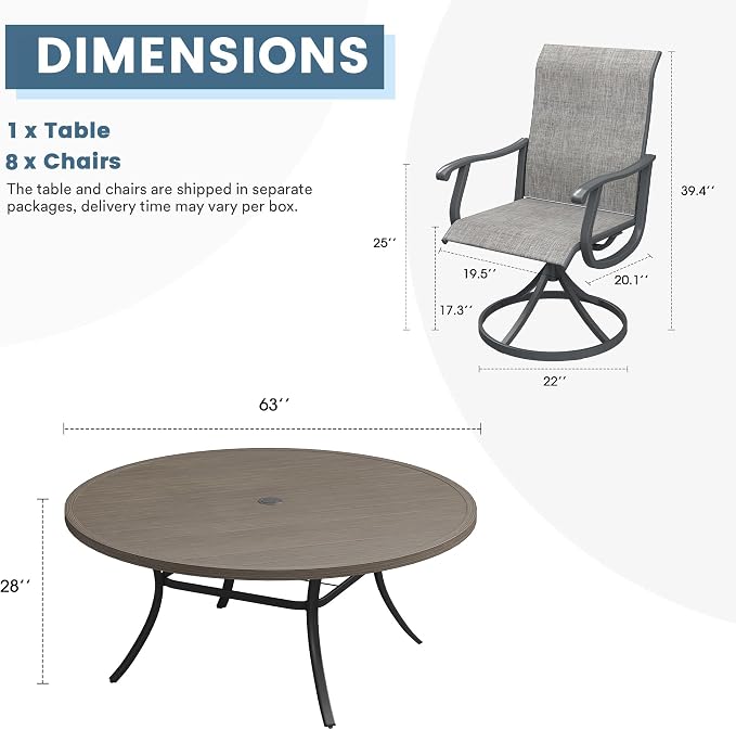 DIFY Outdoor Dining Set for 8, 9 Piece Patio Table and Chairs Set, Swivel Patio Dining Chairs with Grey Textilene & 63" Grey Wood-Like Round Metal Dining Table with Umbrella Hole, for Garden Backyard