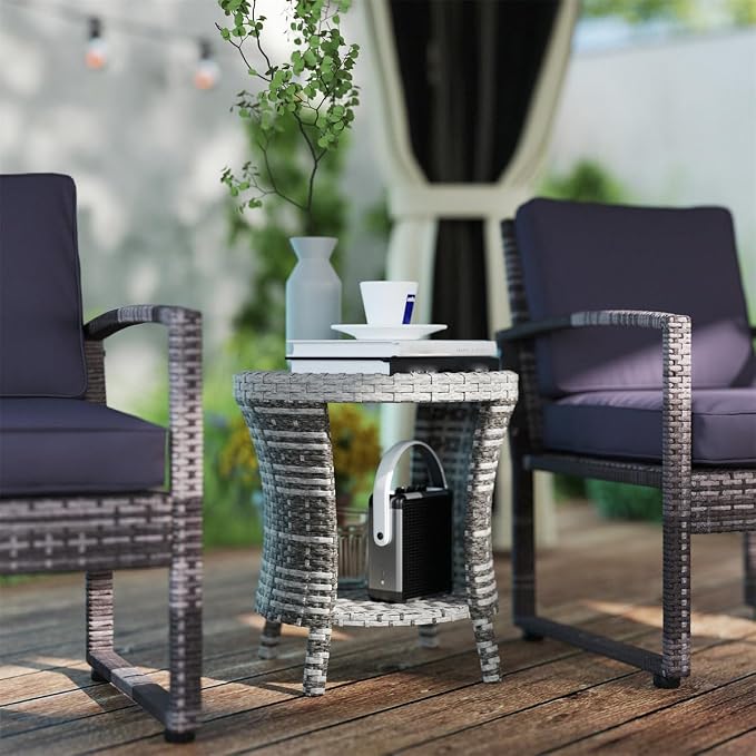 Outdoor Wicker Side Table Hourglass Shape Rattan Patio Table with Storage Shelf, All-Weather for Outside Patio, Porch, Garden, Grey