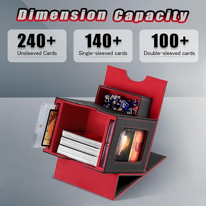 Card Deck Box for MTG with Commander Display Fits 100 Double-Sleeved Cards, Deck Case for EDH/TCG/Sports Cards with 2 Magnetic Card Holders (Black Red)