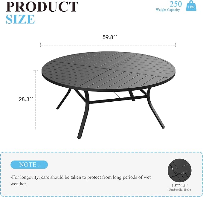 VICLLAX 60" Round Patio Table with Umbrella Hole, All Weather Metal Outdoor Dining Table for 8, Outside Table for Lawn Garden, Black