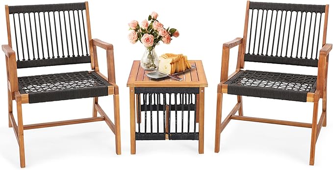 Tangkula 3 Pieces Acacia Wood Outdoor Furniture Set, All-Weather Rope Woven Bistro Set with Armchairs and Coffee Table, Patio Conversation Set for Front Porch, Deck, Balcony