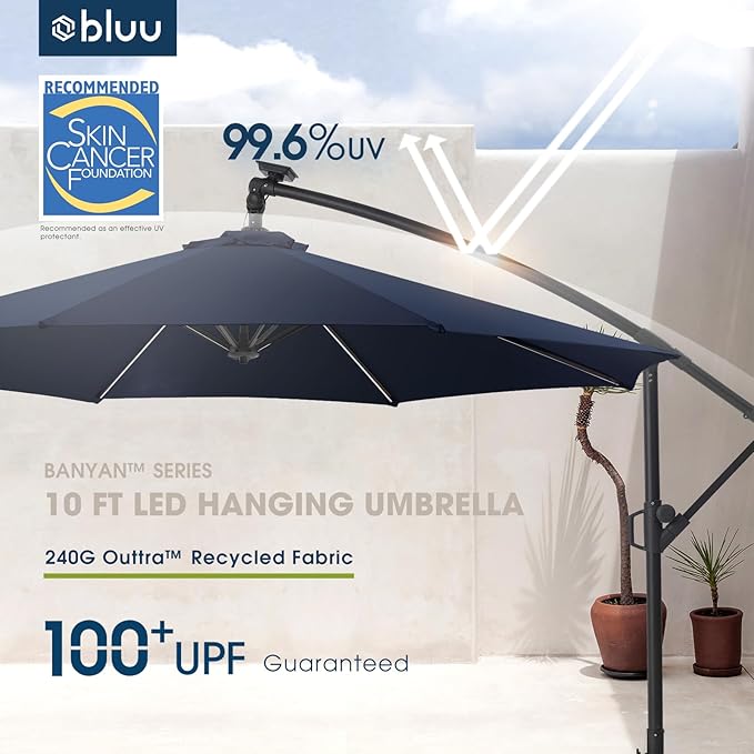 BLUU 10 FT Patio Offset Umbrella Outdoor Cantilever Umbrella Hanging Umbrellas, Fade Resistant Crank & Cross Base (Navy Blue, 10 FT WITH LIGHTS&COVER)