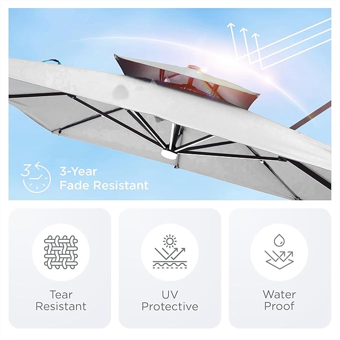9' X 12' Patio Umbrella with LED Lights Outdoor Cantilever Large Rectangle Offset Umbrellas Heavy Duty Aluminum Double Top with 360-degree Rotation for Pool Garden Deck, Fog Grey